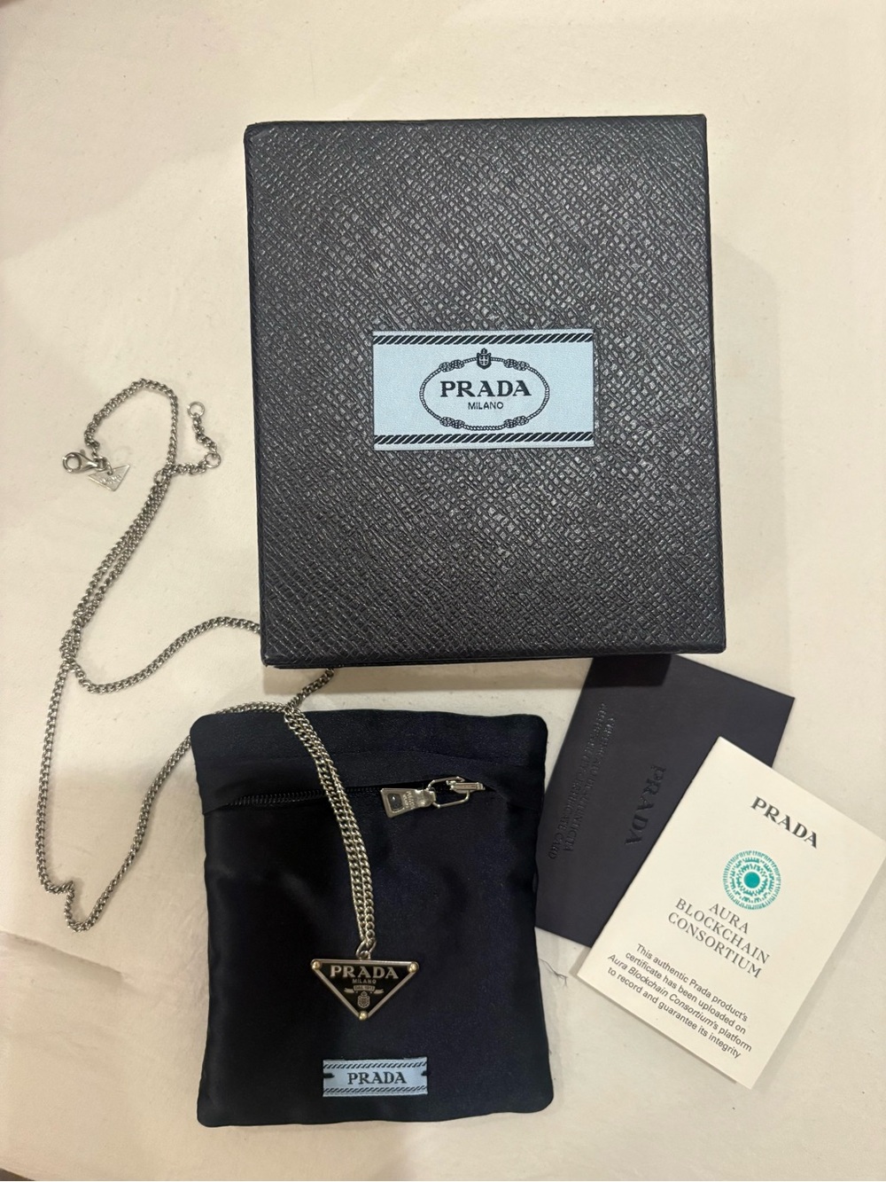 Prada Symbole Pendant Black Nylon Triangle Logo Necklace